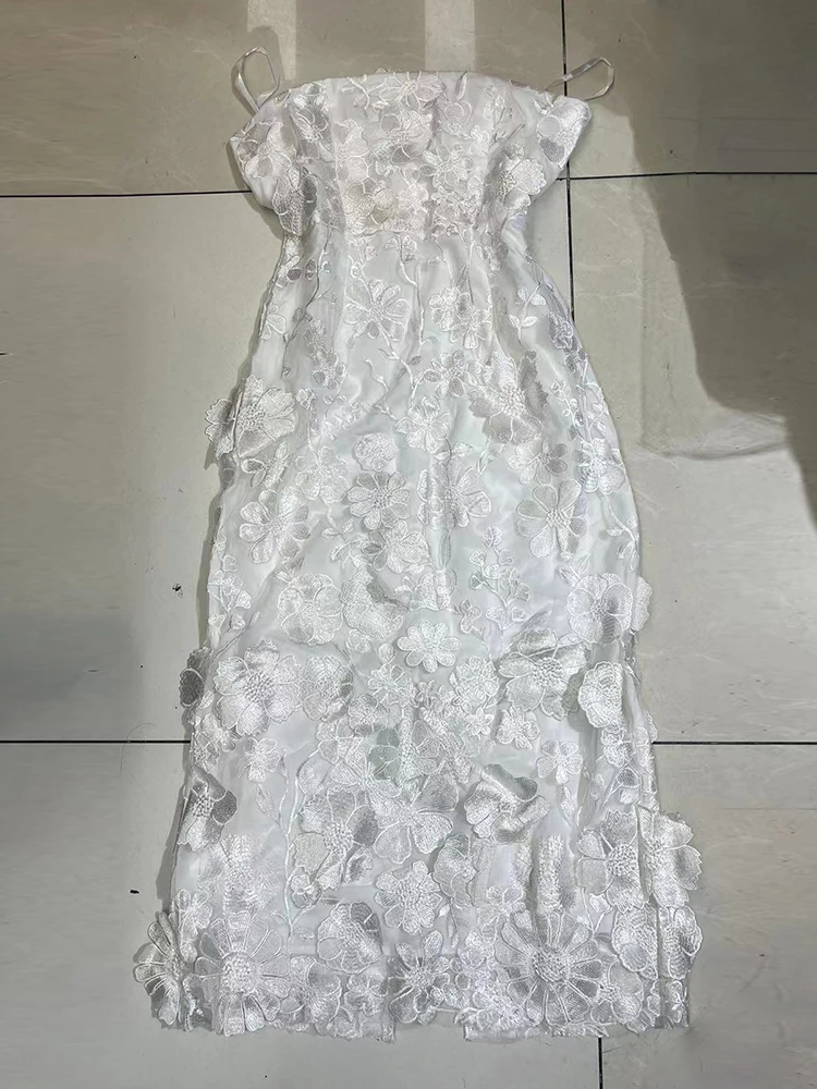 VGH Patchwork Appliques Colorblock Elegant Dresses For Women Strapless Sleeveless High Waist Backless Temperament Dress Female