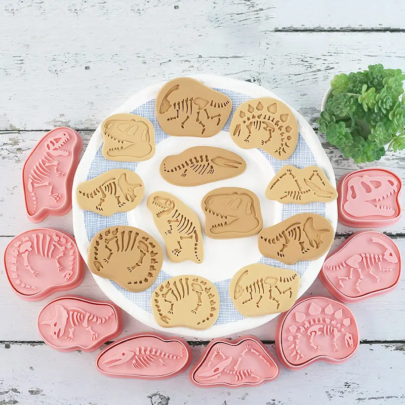 8 Pcs/set Dinosaur fossil Cookie Cutters Plastic 3D Cartoon Pressable Biscuit Mold Cookie Stamp Kitchen Baking Pastry Bakeware
