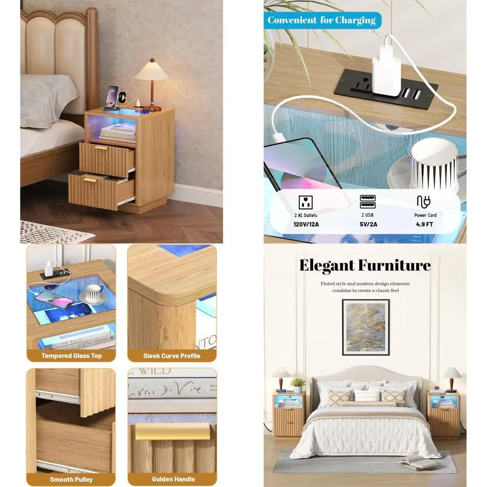 

15 Wide Natural Oak Nightstand with Charging, Storage Drawers, LED Light & Glass Top