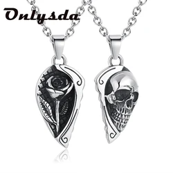 Stainless steel Fashion Heart With Flowers&Skull Couple Pendant Necklace For Lovers Gothic Punk For Men Women Valentines Gift