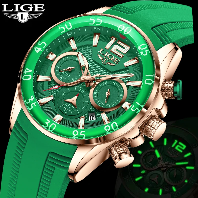 

LIGE Brand Luxury Man Wristwatch Chronograph Waterproof Luminous Date Men Watches Silicone Strap Quartz Watch Relogios Masculino