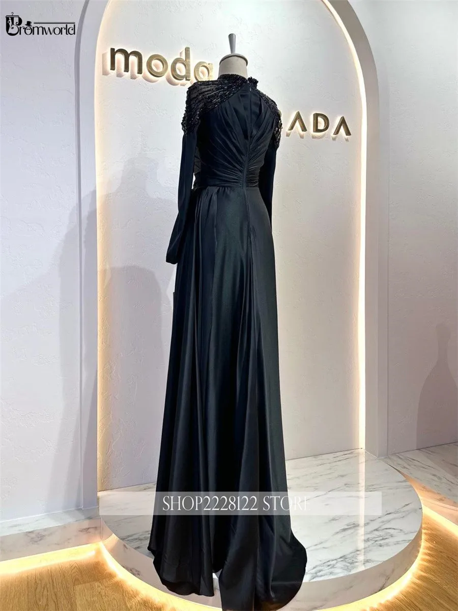 Real Long Sleeve Muslim Formal Occasion Dresses High Neck Dubai Evening Gowns Beaded Satin Women Party Dress Vestidos De Noche