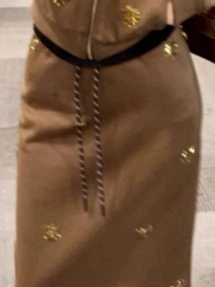 2025 Y2k Estético Conjunto de duas peças Harajuku feminino casual strass com capuz ​ + Saia maxi com cordão na cintura Migh Terno Grunge