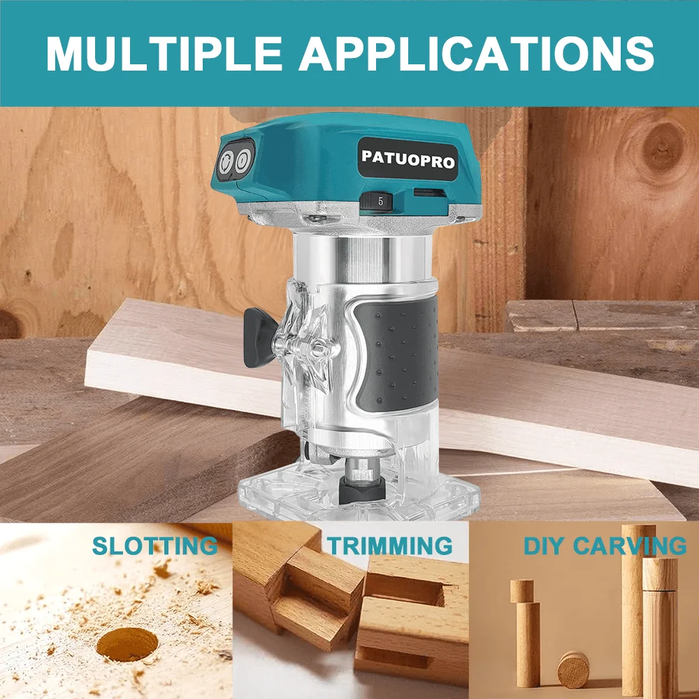 PATUOPRO pemangkas listrik nirkabel, Router kayu 6/6.35/8mm ukiran pekerjaan kayu 30000RPM kecepatan untuk baterai Makita 18V