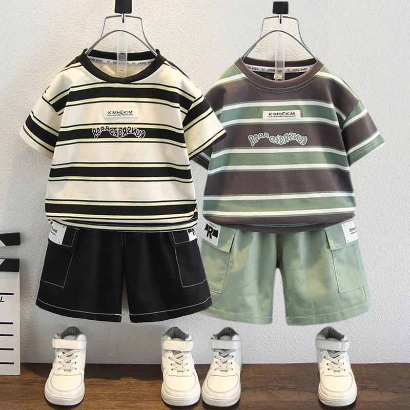 

Striped Kids Short Sleeve Suit Boys Clothing Children Tracksuits Summer Tops +short Baby 2Pcs/Sets Toddler Casual 8Y