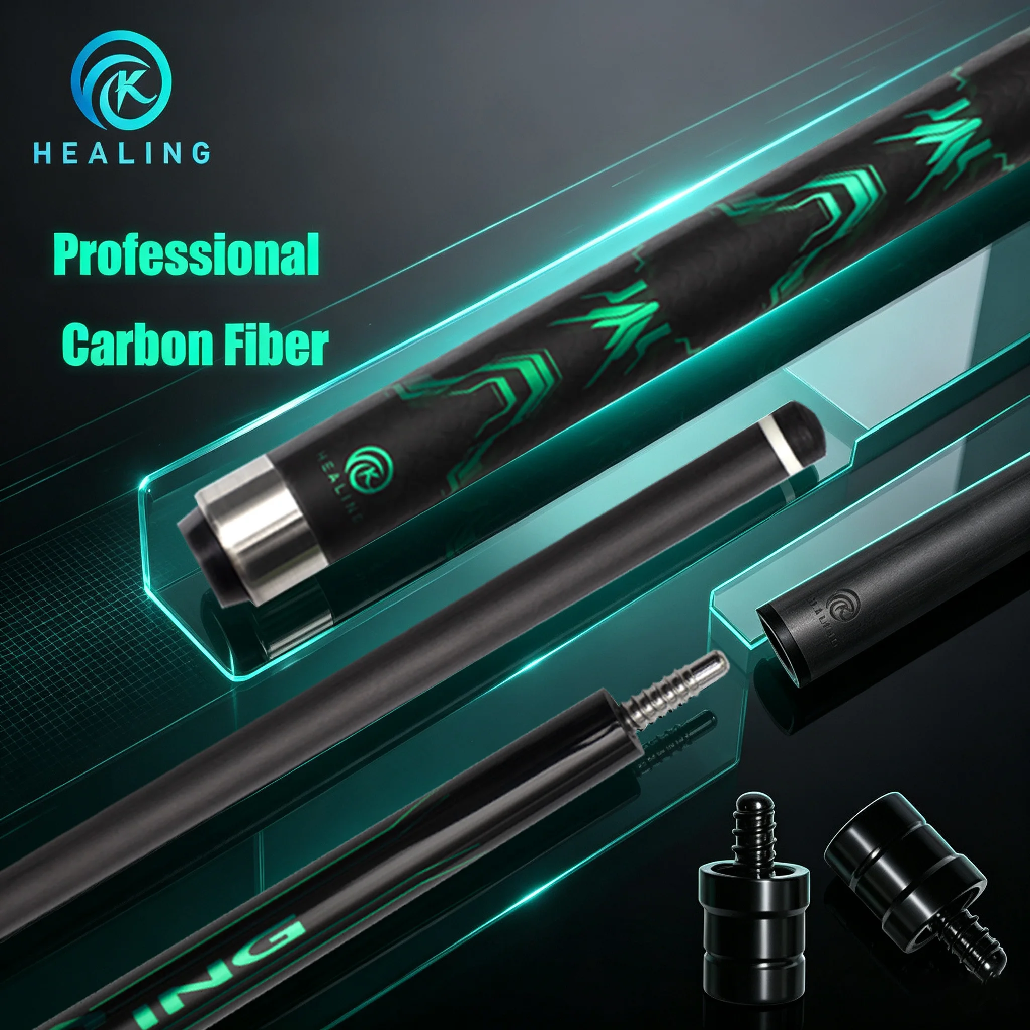 OKHEALING 1/2 Split Cue Carbon Fiber Pool Cue Stick, 12.5mm Tip, 58in/147cm, 19oz ±10g Professional Billiard Playing Cue Carbon Shaft Low Deflection, High Quality, for Snooker Billiards Black-Tech Cues