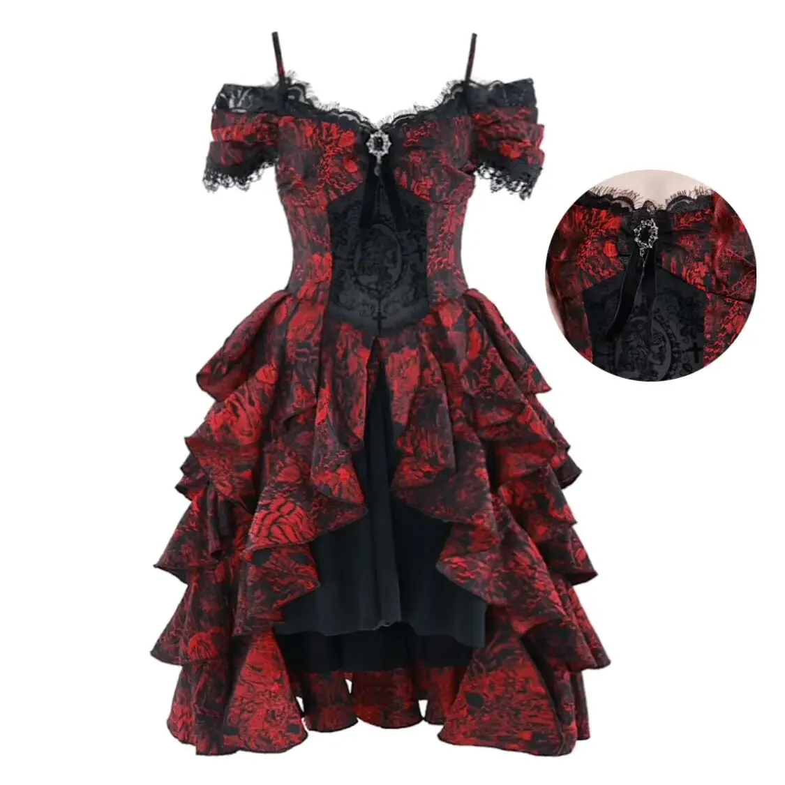 blood supply original Gothic red ball gown dress off shoulder short sleeve spaghetti dress black mesh goth punk wave dress