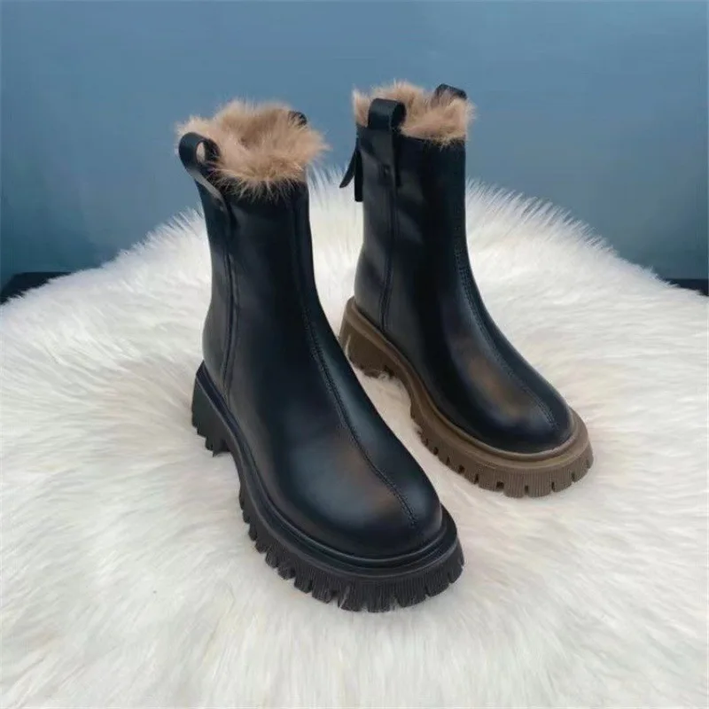 Shoe for Women Platform Round Toe Plush Boot Woman Winter 2023 Warm Snow Boot Fashion Ankle Boot PU Casual Leather Boots Botines