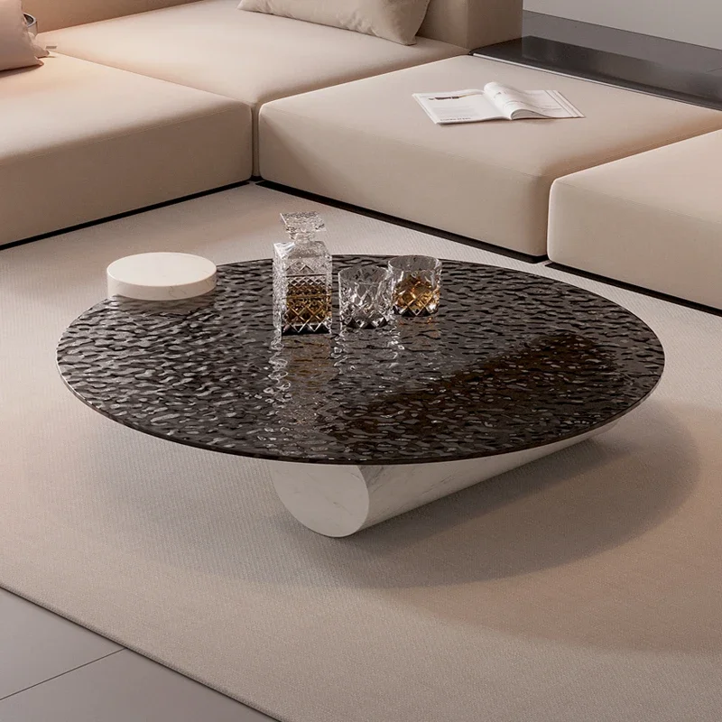 

Living Room Round Low Coffee Table Stone Base with Glass Top Furniture Wholesale