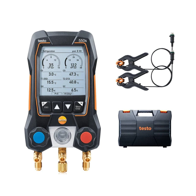 جهاز قياس تبريد بشاشة رقمية ذكية من Testo 550s مع مجموعة صمامات متوافقة مع البلوتوث وثنائية الاتجاه