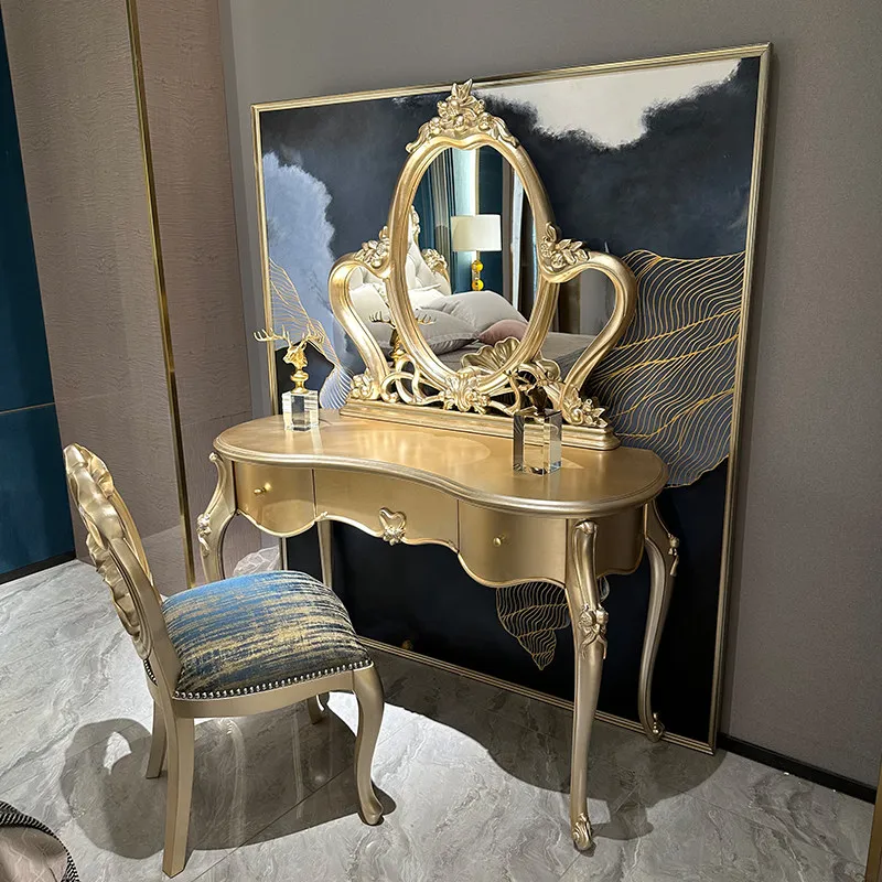 

French dresser high-end villa bungalow master bedroom dressing table European court wood carving flower dressing table