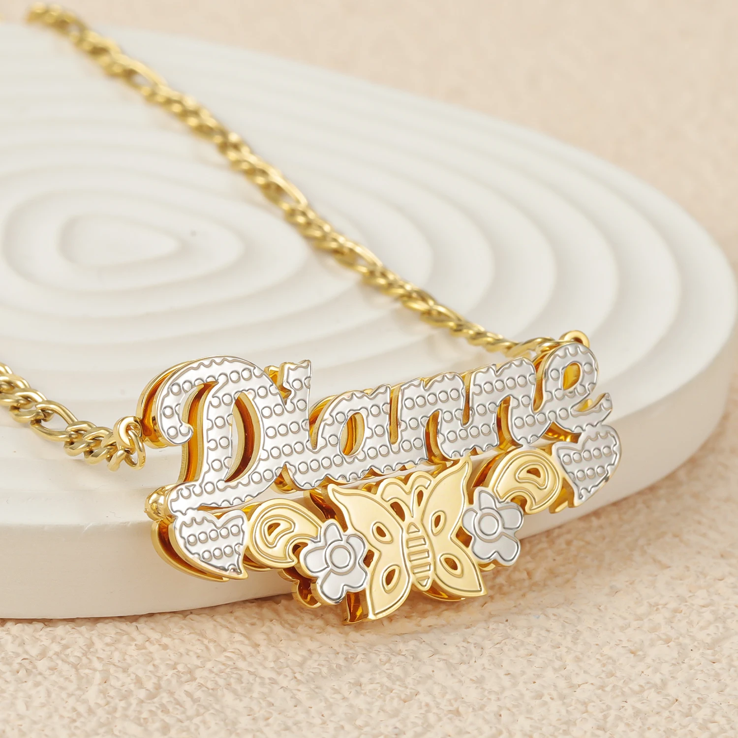 Custom Two Color Butterfly Flower Bottom Name Necklace Personalization 18K Gold Plated Jewelry Valentine's Day Gift for Her