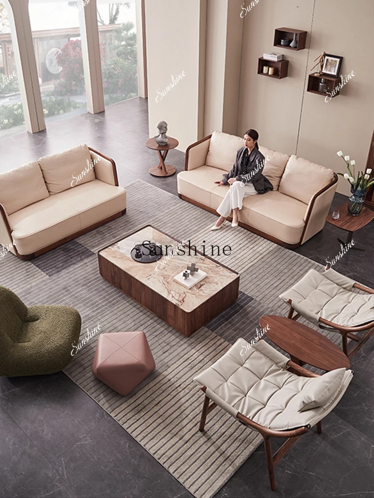 

North American black walnut marble slate coffee table light luxury modern simple large apartment living room FT