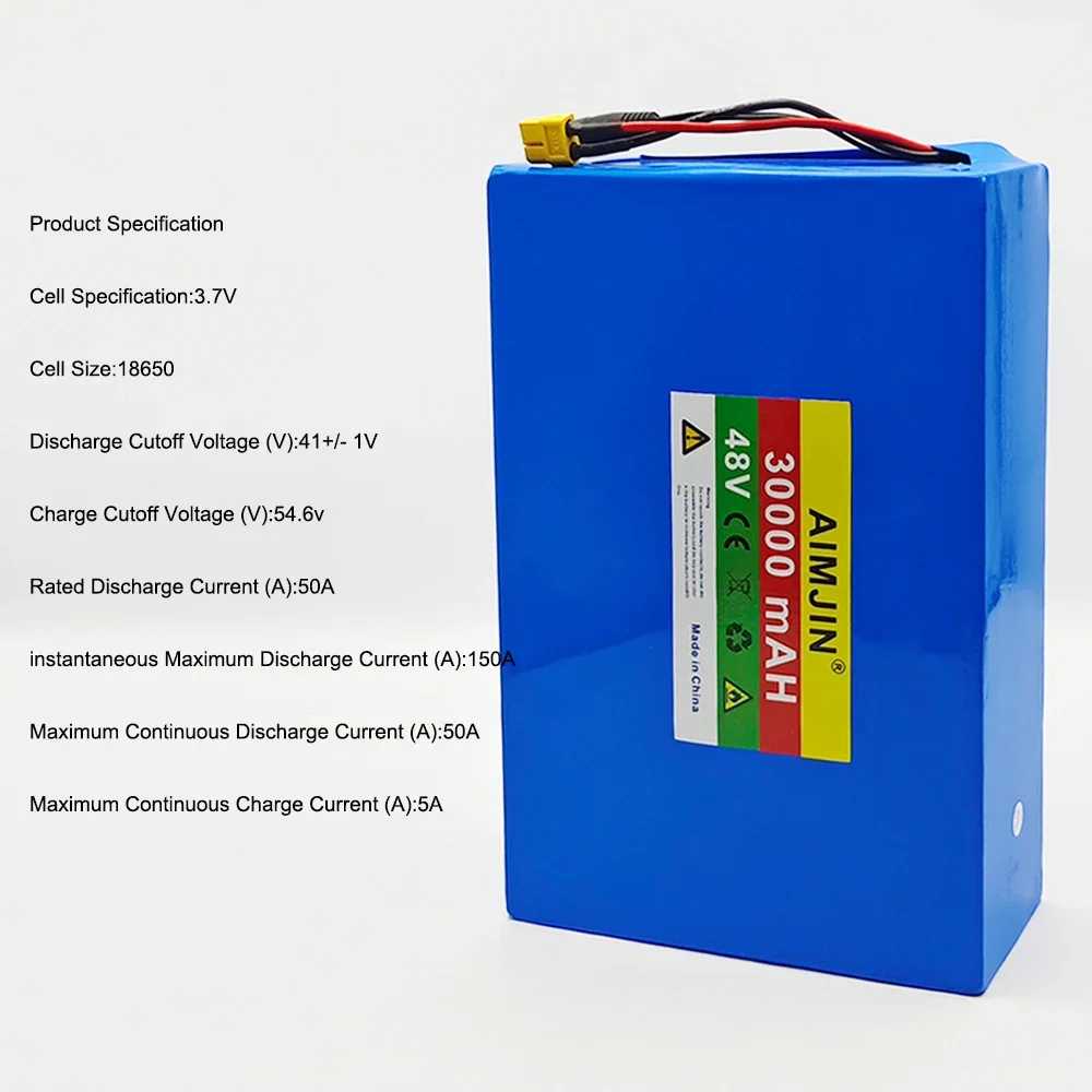 48V 30Ah 30000mAh 18650 13S8P lithium battery pack large capacity suitable for 48V 250-1500W built-in BMS+54.6V2A charger