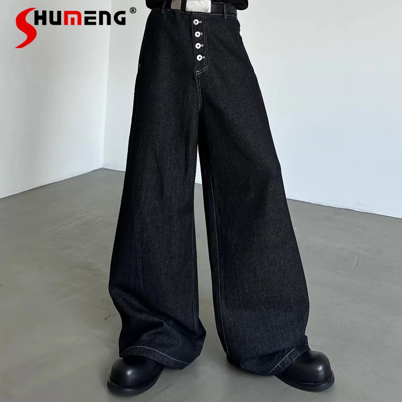 

2026 Men's Spring New Fashion Multi-button Decoration Wide-leg Jeans High Waist Micro-flared Denim Pants Comfort Denim Trousers