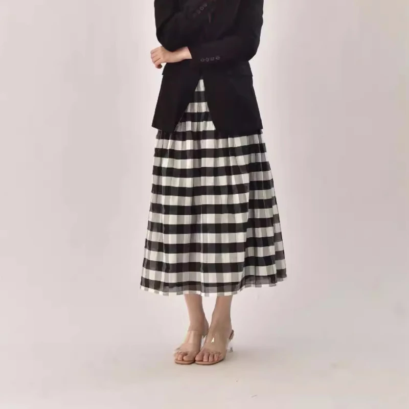 Roman Holiday Pure Cotton Plaid Pleated Circle Skirt for Women Elastic High Waist Mid-length Check Skirt