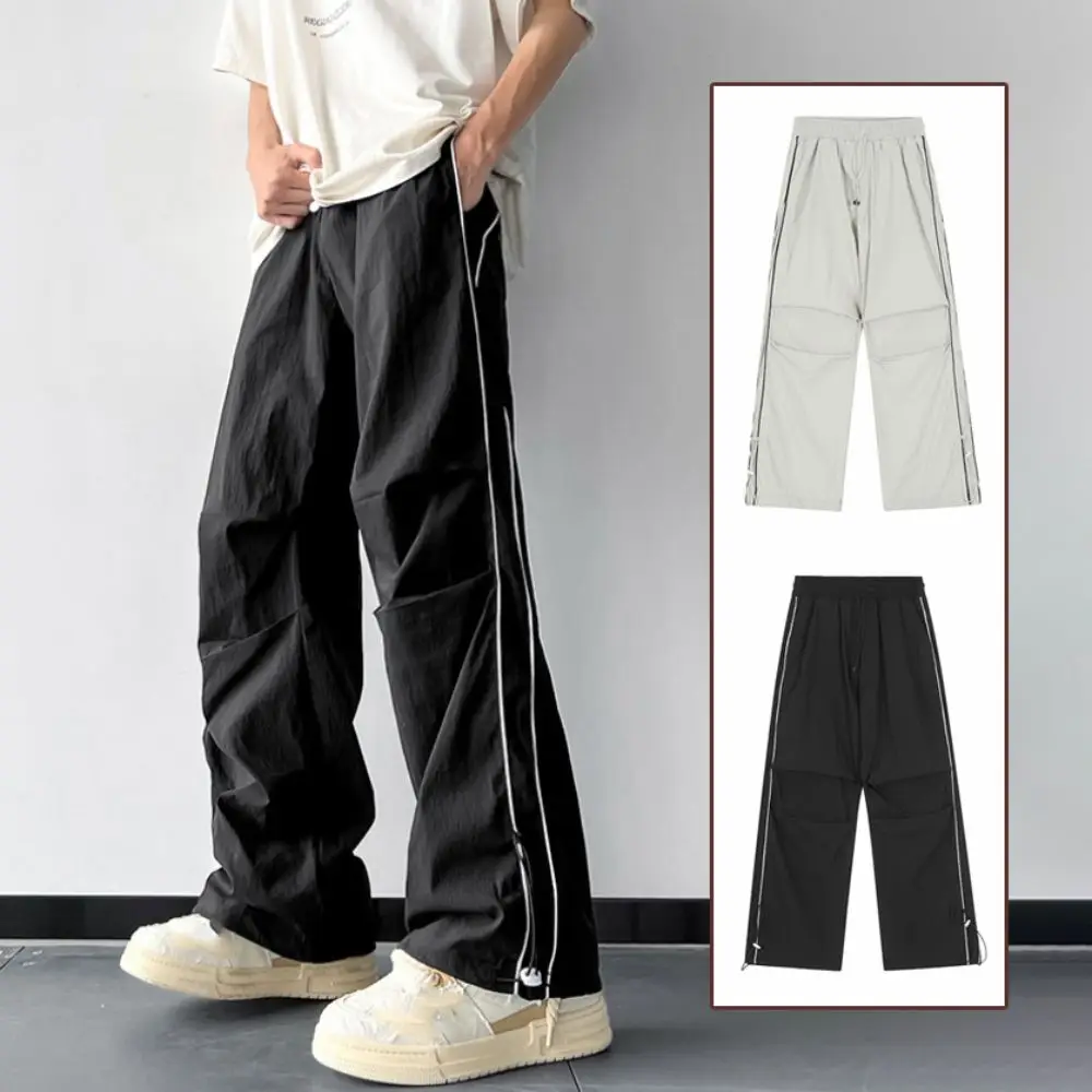 

Hip Hop Pants Drawstring Wide Leg Sweatpants Y2K Stripe Loose Cargo Pants High Waisted Baggy Male Joggers Trousers Boys