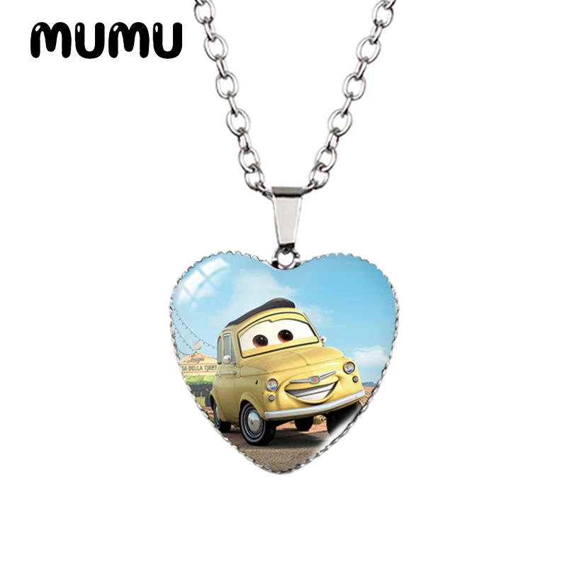 2024 New Lightning Mcqueen Heart Necklace Disney Cars Glass Printed Photo Pendant Handmade Jewelry Gifts Children