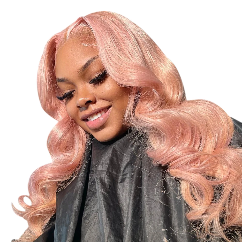 باروكة من شعر طبيعي بدون صمغ وردي فاتح جاهزة لارتداء شعر مستعار بدانتيل أمامي مموج مسبقًا 5x5 باروكة إغلاق دانتيل للنساء بدون غراء