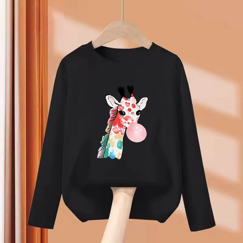 Long Sleeve Y2k Giraffe with Gum Printed T Shirts Animal Kids Children's T-shirt Boys Girls Summer Spring Casual Top Tee Shirt