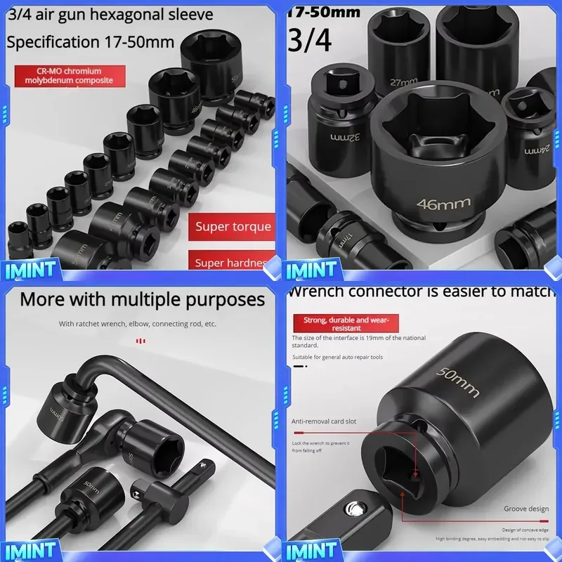 3/4 Inch 17-50mm Hex Socket Heavy Thickened Socket Set Pneumatic Wrench Set Of Nozzles Mechanic Tools Manual Tool