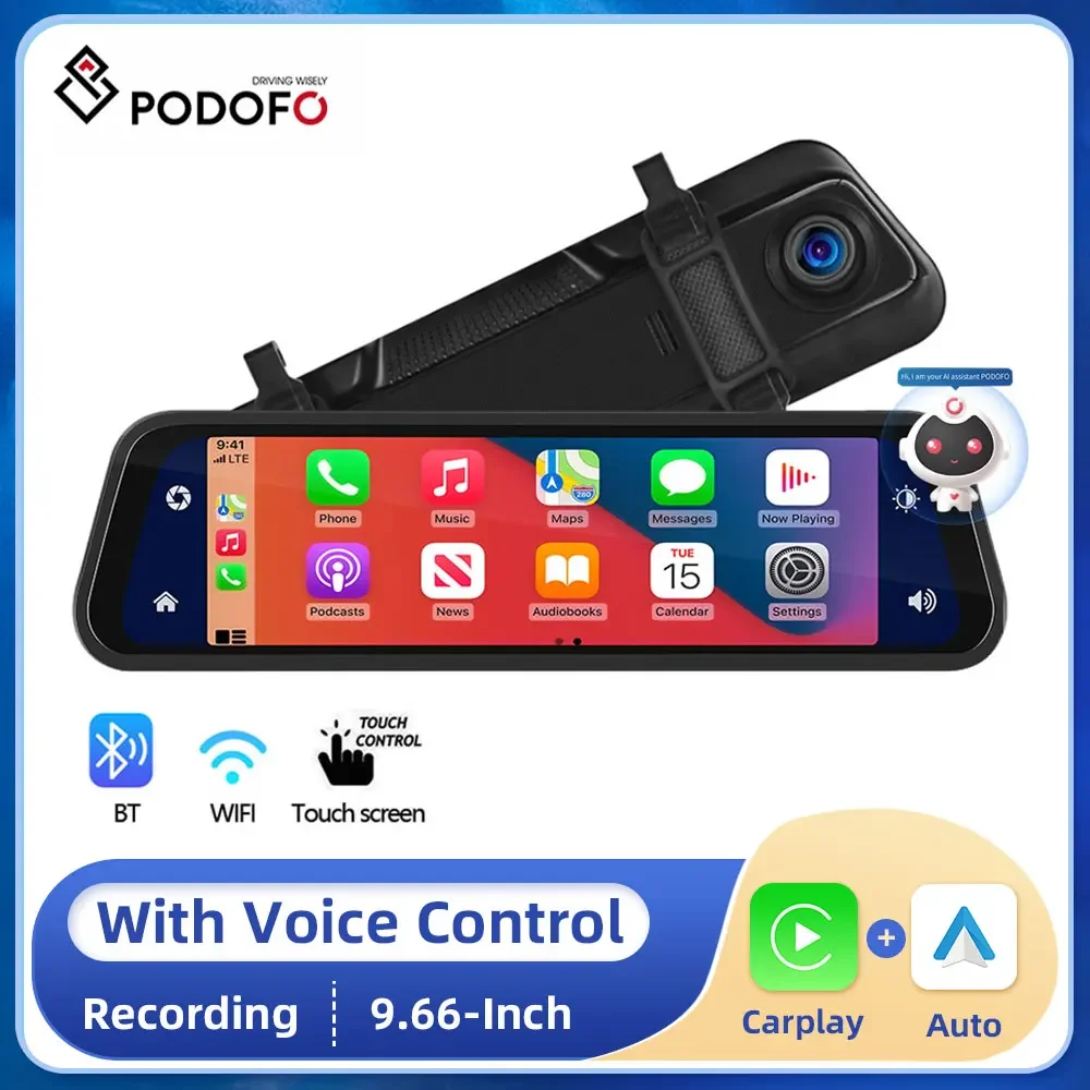 Podofo 9.66'' Mirror Camera for CarPlay Touch Screen Video Recorder Rearview mirror Dash Cam Front and Rear Camera Mirror DVR