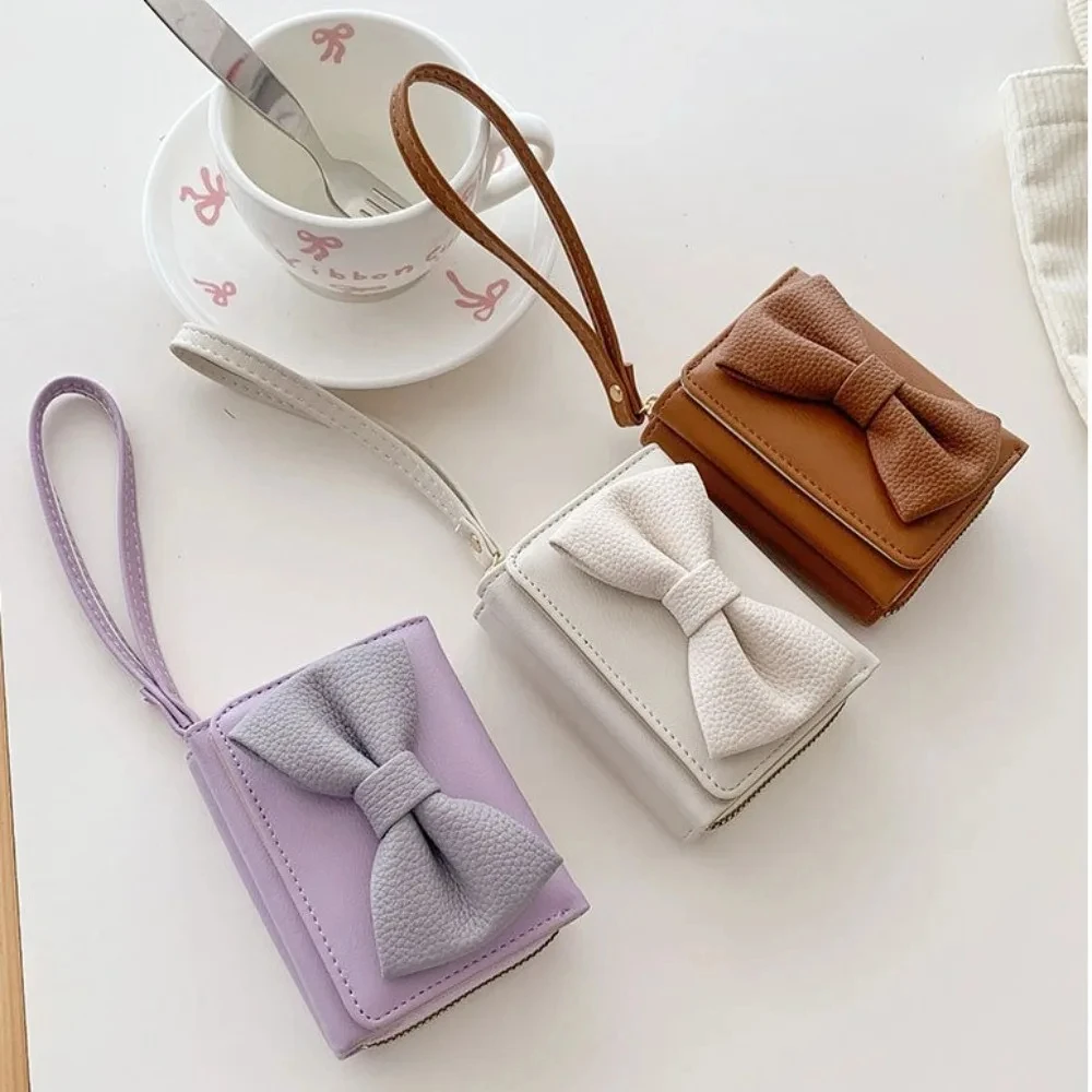 Cute Women Pu Leather Bow Short Wallet Korean Style Multifunctional Triple Fold Wallet Coin Purse Card Bag Clutch Bag Girls