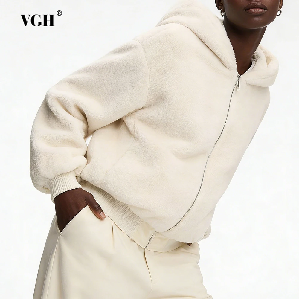 

VGH Design Sense Solid Plush Jackets For Women Hooded Long Sleeve Autumn Warm Slimming Temperament Jacket Female Fashion Style
