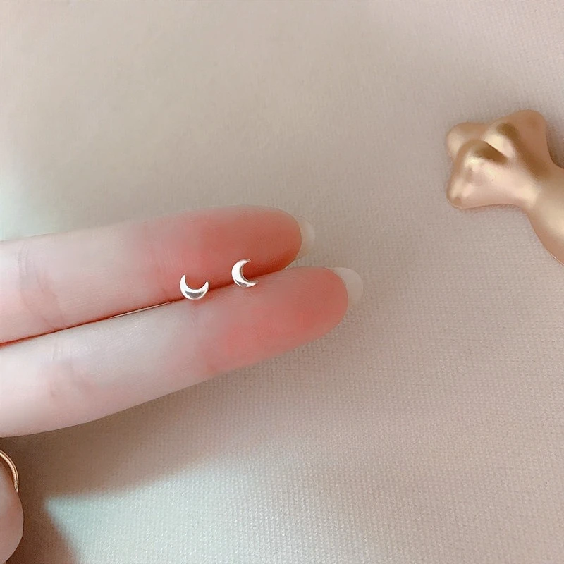 Mini Cute Sterling Silver Moon Gold Color Stud Earrings for Woman Girls Summer Jewelry Accessories Gifts Not Allergic Colorfast