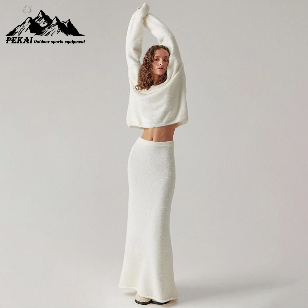 

Imitation Mink Fur Sweater Set for Women Autumn Winter Commuting in Europe and America Simple Knitted V-neck Sweater Skirt Set