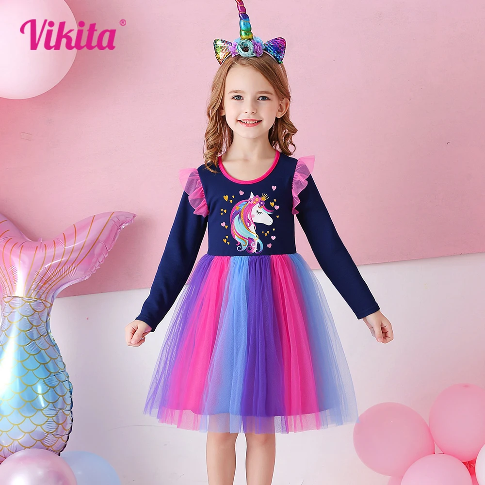 

VIKITA 2025 New Kids Colorful Princess Dress Girls Licorne Heart Shape Print Long Sleeve Spring Autumn Dresses Children Clothing