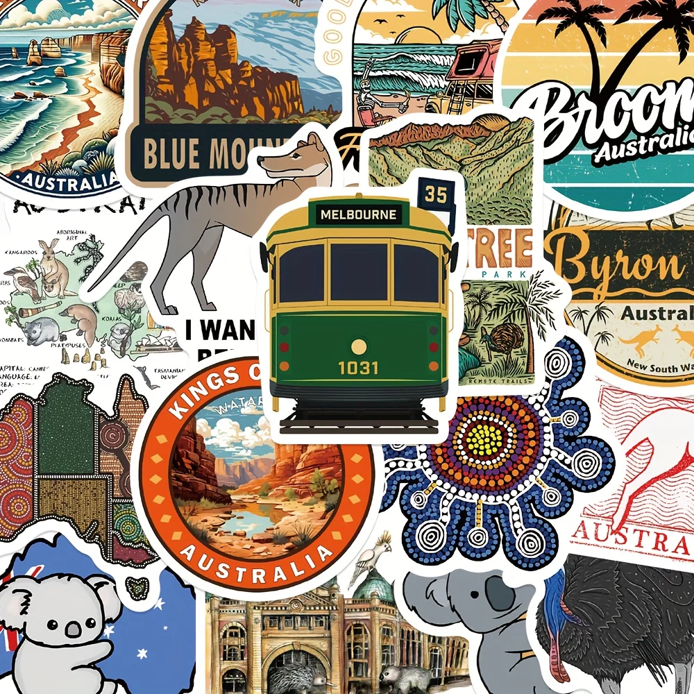 50pcs Australia Style Charm Stickers Cartoon Animals Decal DIY Scrapbook Laptop Guitar Suitcase Stationery Decorative Stickers