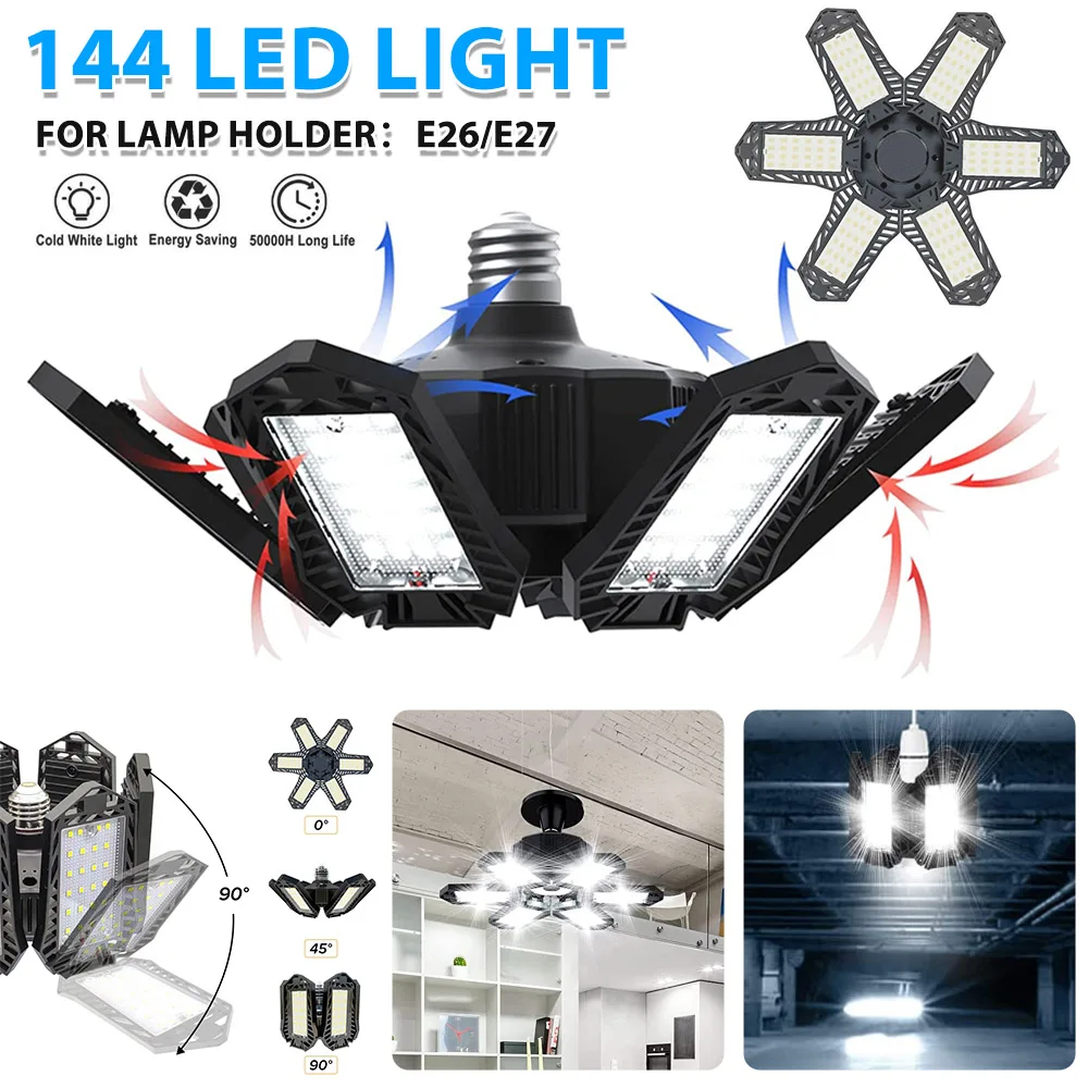 LED Garage Light E27/E26 Djustable 6 Panel Led Lamp Deformable LED Garage Ceiling Light AFor Garage Workshop Industrial Lighting