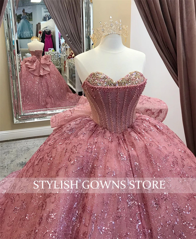 Rose perlé Quinceanera robes Robe De Bal 2023 chérie or Rose paillettes doux 16 Robe à lacets Robe De Bal personnalisé