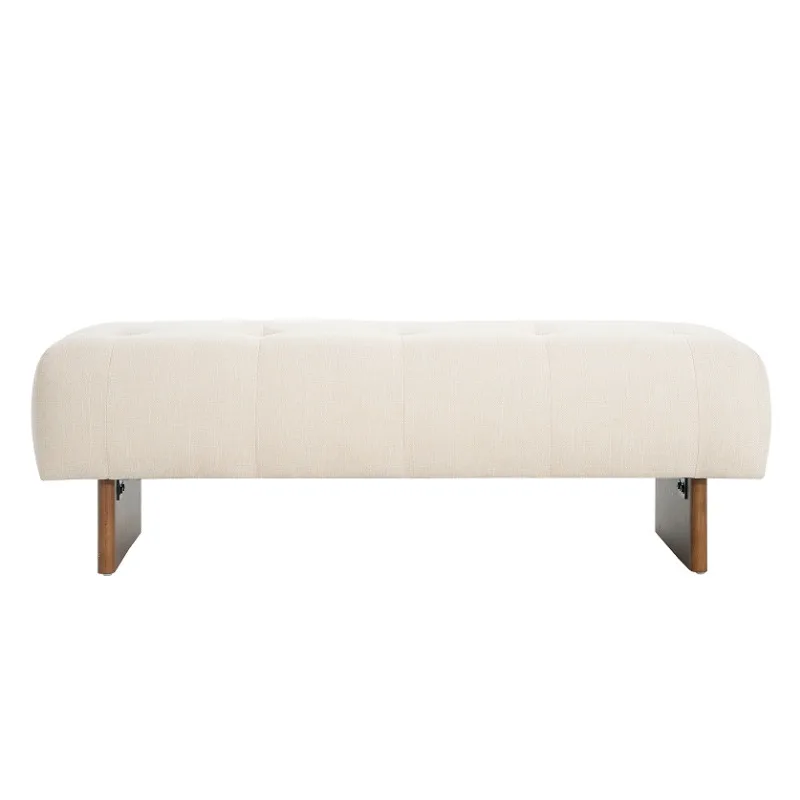 Modern adjustable rectangular upholstered fabric bench with button trim, linen fabric, solid wood legs, suitable for home