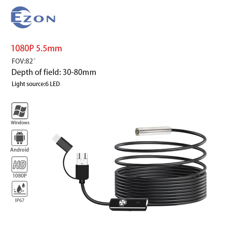 

Промышленный эндоскоп 1080P с объективом 5,5 мм, интерфейсом USB 3-в-1, камерой с классом защиты IP67 для систем Android.