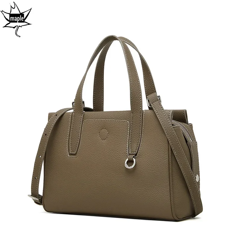 New Lichi Pattern Cow Leather Women Tote Grey All-match High-end Cowskin Female Handbag Commute Work Ladies Shoulder Bag