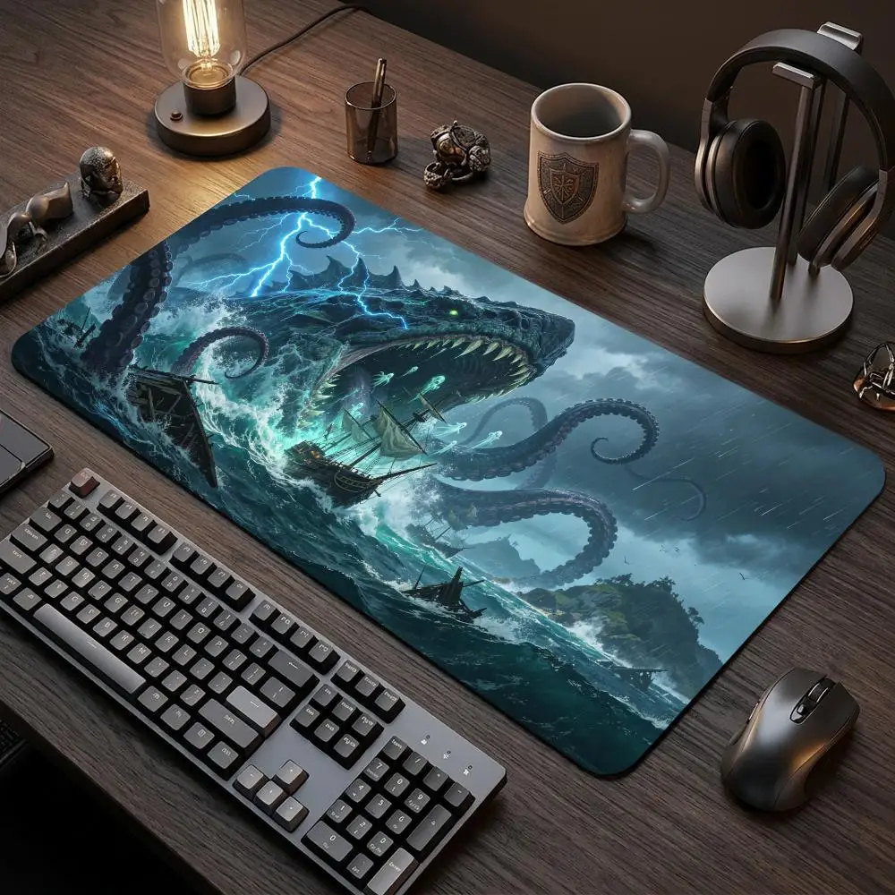 60X35cm Kraken Sea Monster Storm Play mat Large Table Mat with Stitched Edge Non-Slip Rubber Desk Pad for Card Gaming