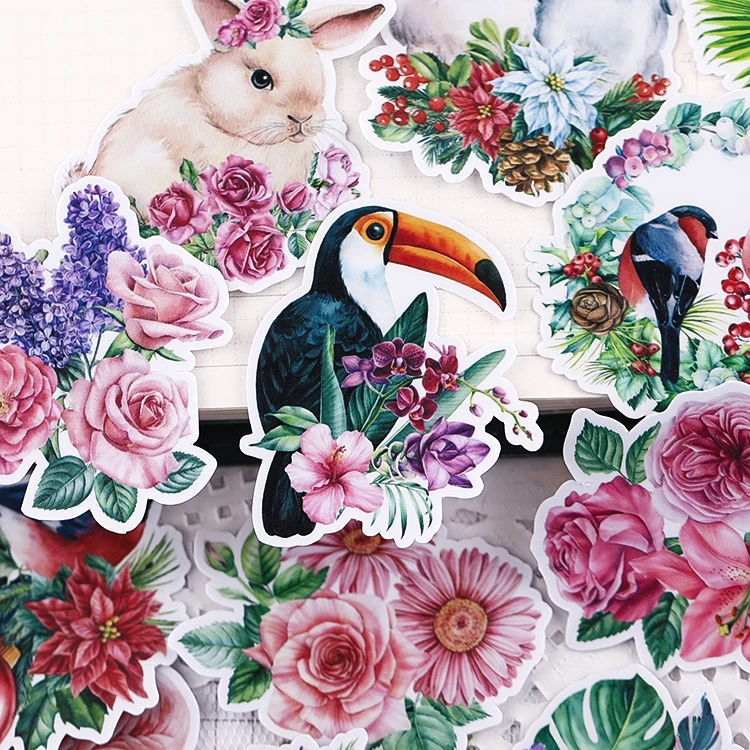 Stickers 20PCS Flowers And Animals Hand Account Stickers Cute Cartoon Animals Decorative Material Mobile Phone Tools