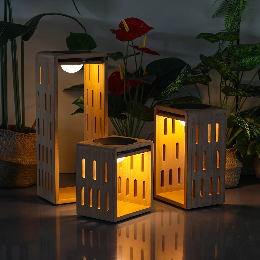 

rx-Creative Modern Outdoor Garden Stand Table Lamp Waterproof Aluminum Teak Wood Courtyard Solar Battery Portable Table Lamp！