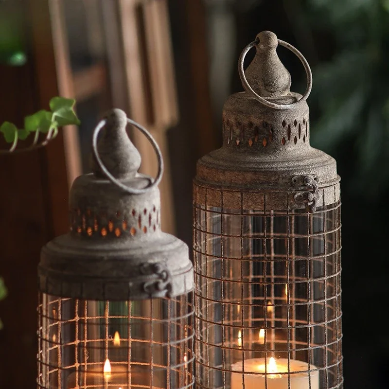 Vintage Iron Birdcage Candle Holder with Glass Dome Rustic Outdoor Hanging Decor for Farmhouse Tabletop Coffee Shop Display