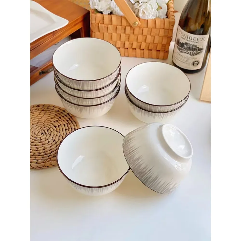 4 Pack 6 Inch Space-Time Gray Ceramic Rice Bowls, Anti-Scald European Minimalist INS Creative Household Tableware