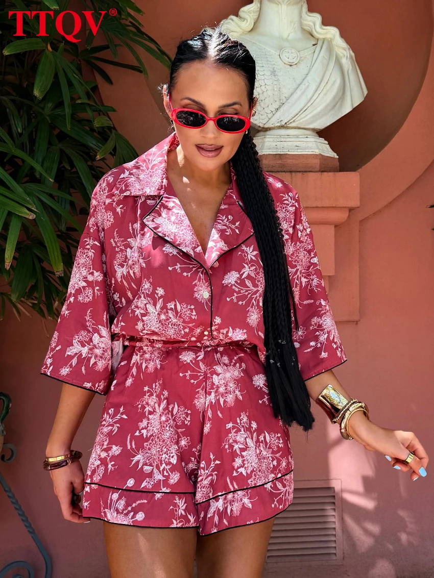 TTQV Fashion Loose Print Women's 2-Piece Sets 2026 Elegant Long Sleeve Blouse With High Waist Shorts Set Female Clothing
