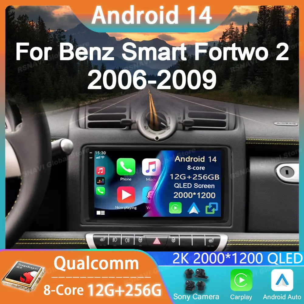 Car Radio Android 14 For Mercedes Benz Smart Fortwo 451 2006 2007 2008 2009 GPS Carplay Multimedia Player Navigation Stereo Auto