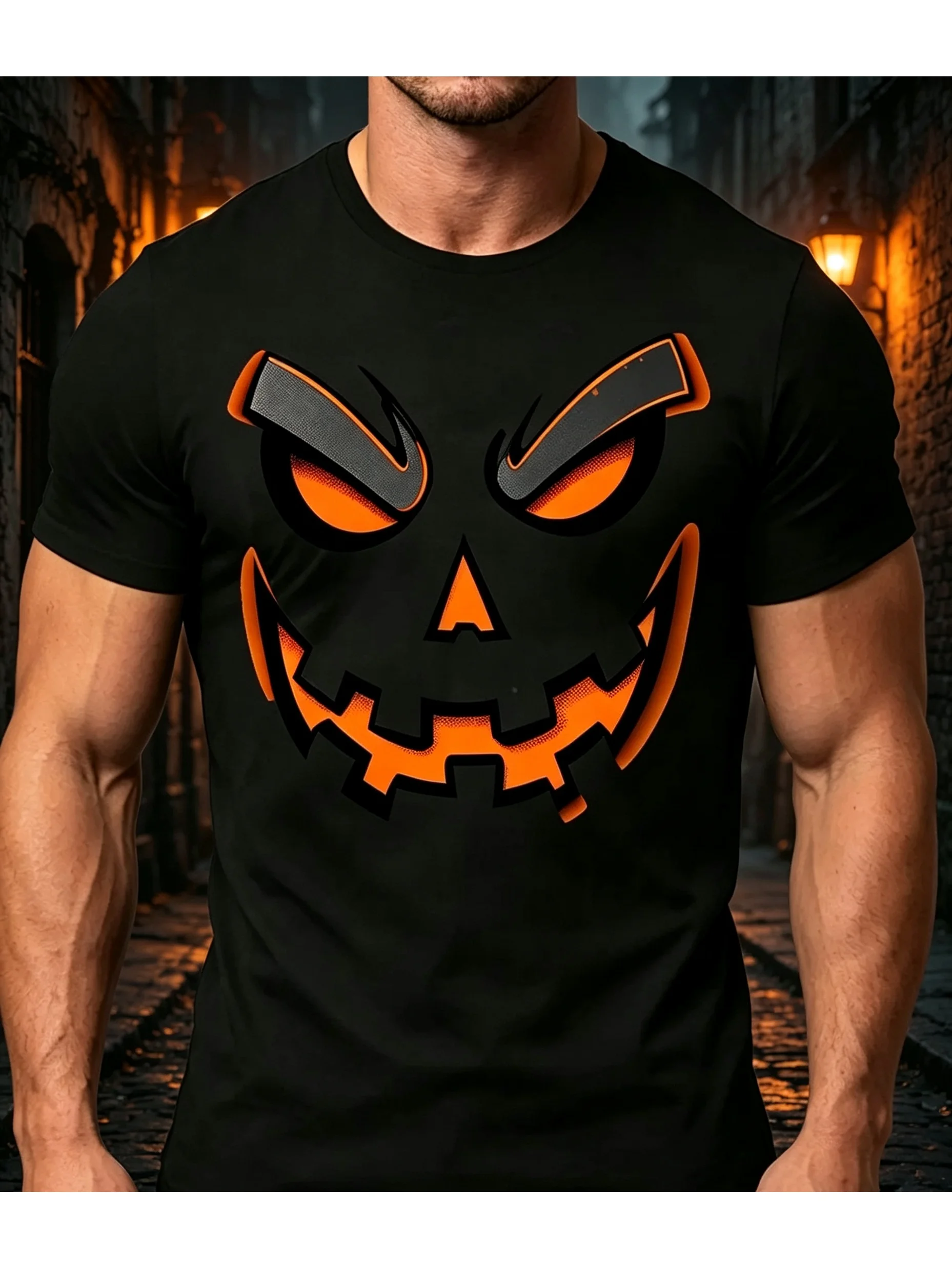 Halloween Costume Printed Design- No Texture Men's Halloween Pumpkin Face Pattern T-Shirt in Black with Orange Eyes, Soft and Breathable, Round Neck, Short Sleeve Top, Thrilling Design, Casual Autumn Gift, Party Apparel, Quick-Drying