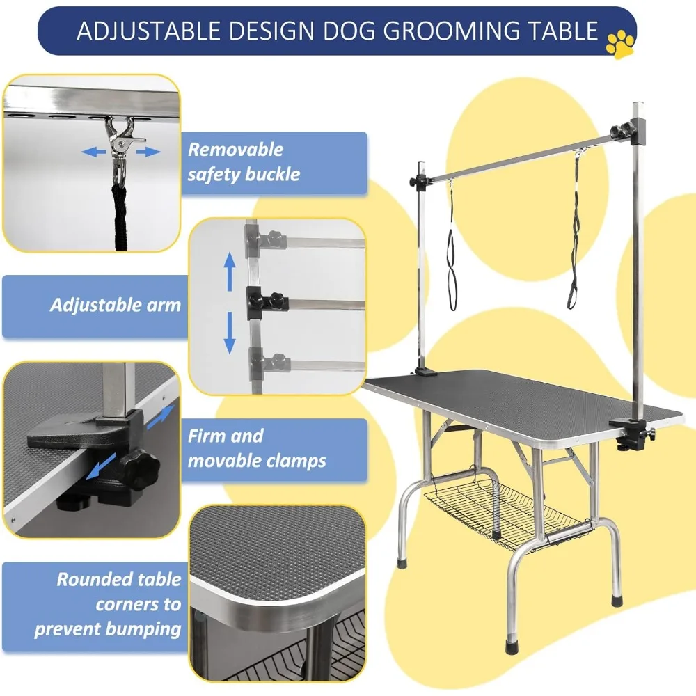 Table de Toilettage pour Chien de 46 Pouces, Station de Bain Pliable pour Animaux Domestiques avec Bras/Noose/Escalier en Maille Réglable