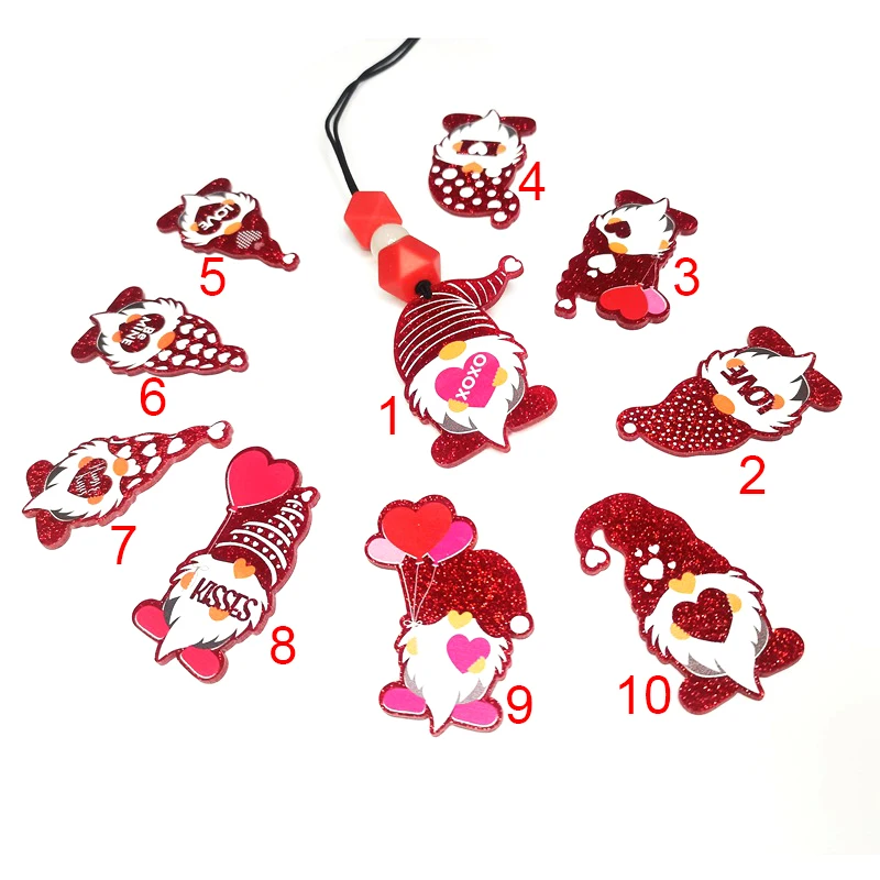 New Red Glitter Valentine's Day Gnomes Pendant Valentines XOXO Love Heart Keychain Lanyard with Badge Clips Charm Beads