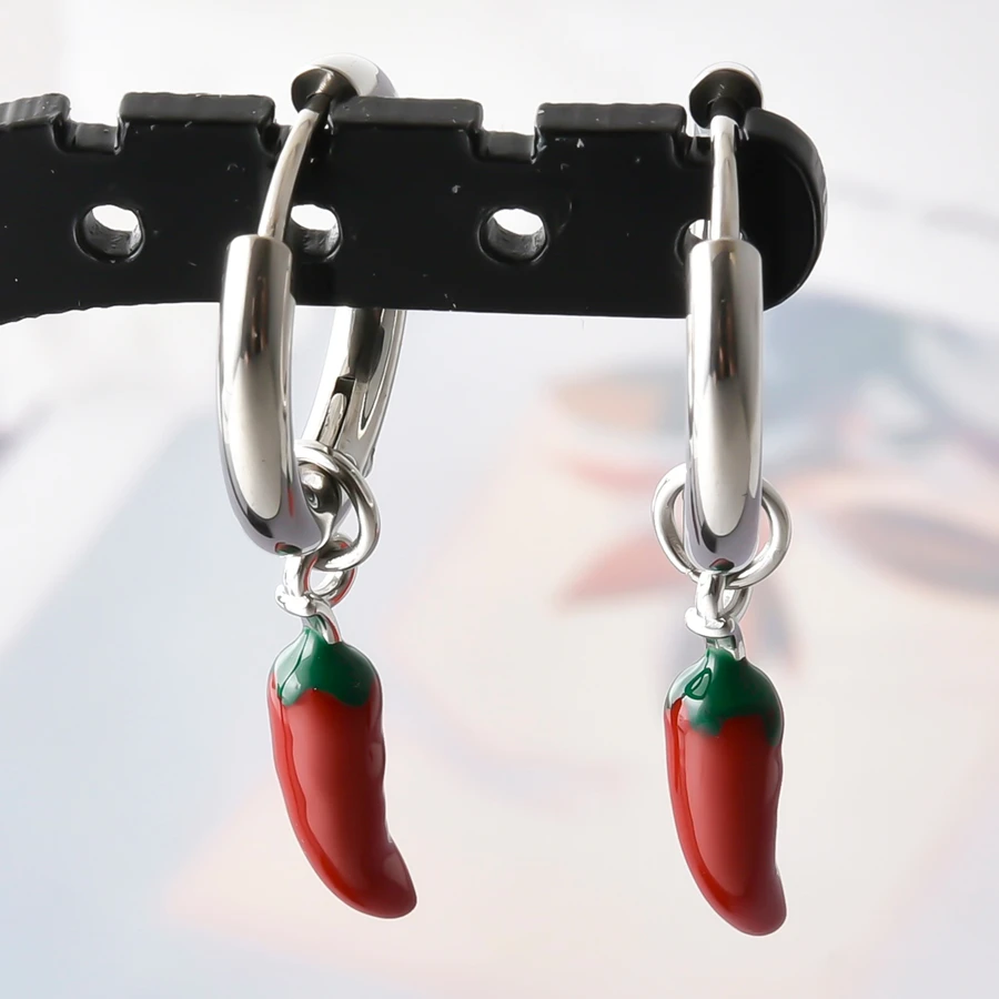 Anlaufgeschützte 316 Edelstahl-Ohrhänger mit Kaktus-, Paprika- und Hunde-Emaille-Anhängern, runde Ohrringe für Damen und Herren, Ohrschmuck, Piercing – Detail 2