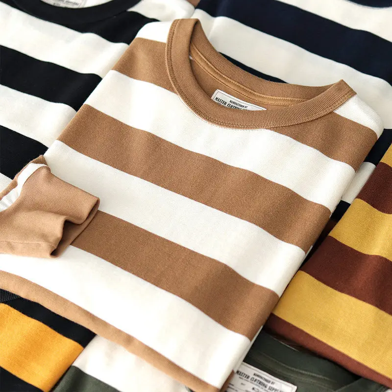Autumn New American Retro 280g Heavyweight Sailor's Striped T-shirt Men's Amekaji 100% Cotton Washed Casual Loose Tough Guy Tops