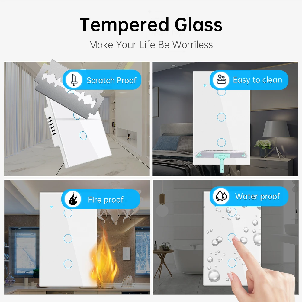 Tuya Smart Switch 1 Gang 2 Way US Wall Light Switchs Touch Glass Panel Smart Home Automation Switch Waterproof and Fireproof